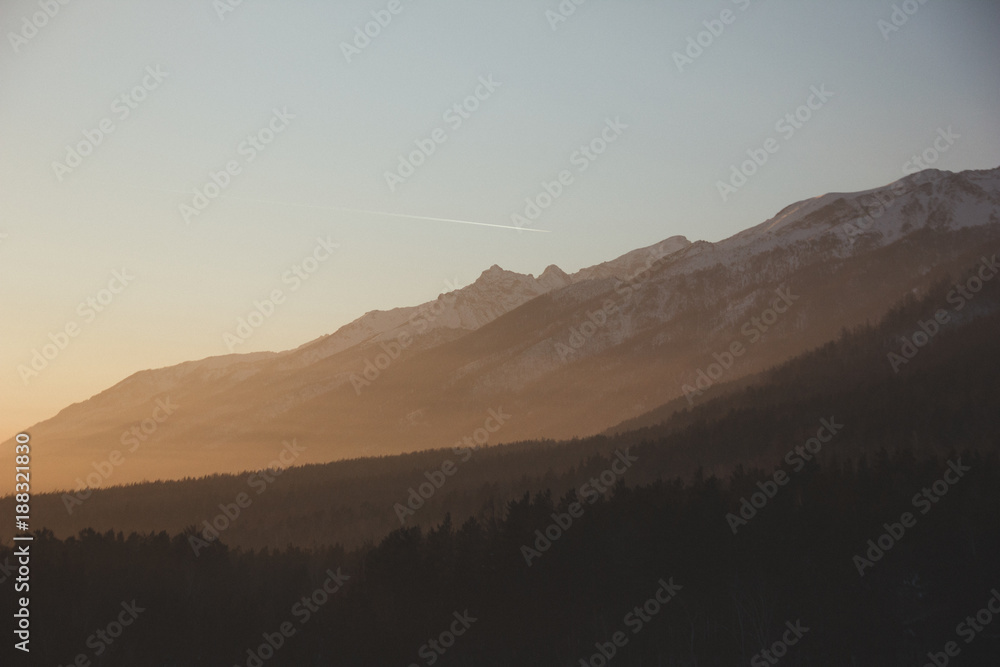 mountains and forest at dawn