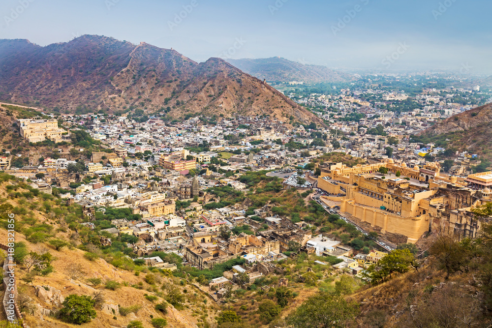 Amer Fort Jaipur aerial view with view of Jaipur city scape.