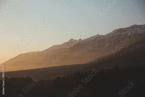 mountains and forest at dawn