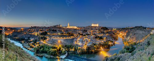 Panorama of Toledo in Spain with the river Tagus at dawn