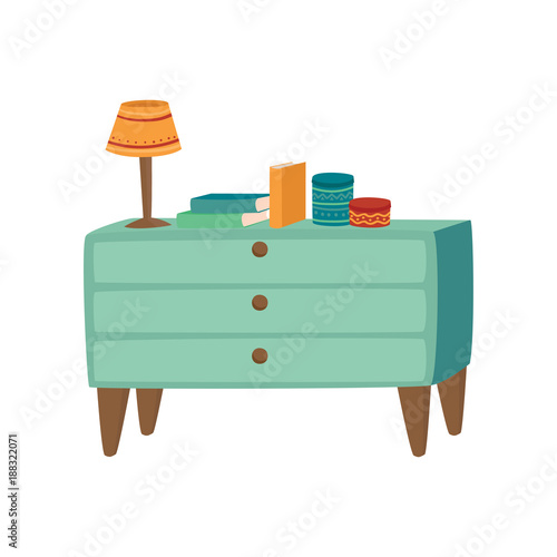 Light blue wooden chest of drawers with lamp and books cartoon vector Illustration