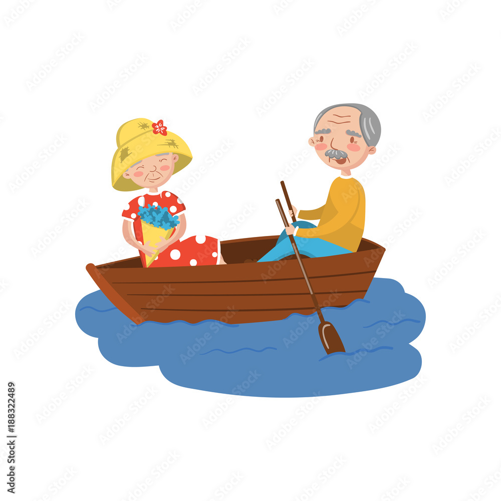 Obraz Happy senior couple rowing a boat on lake cartoon vector Illustration