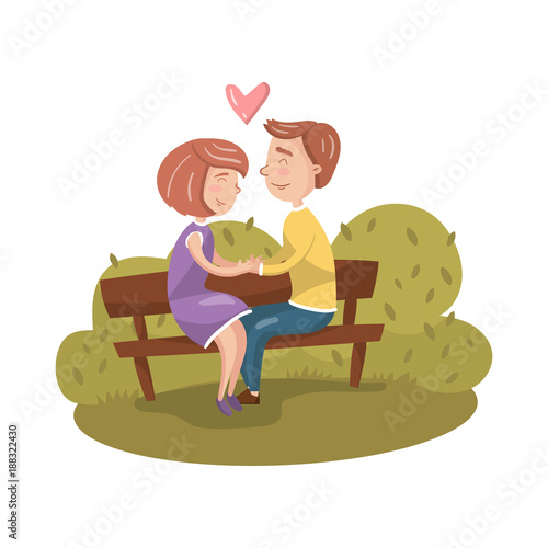 Happy couple in love sitting on bench in park cartoon vector Illustration
