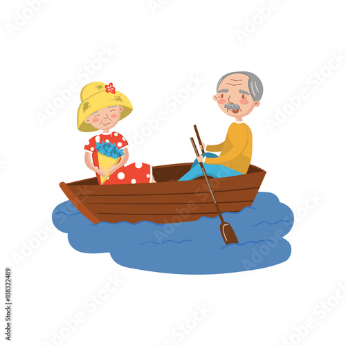 Happy senior couple rowing a boat on lake cartoon vector Illustration © Happypictures