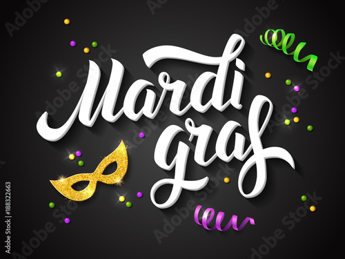 Mardi gras logo. Hand drawn lettering. Vector greeting card with golden mask  ribbons and beads. Fat tuesday poster.