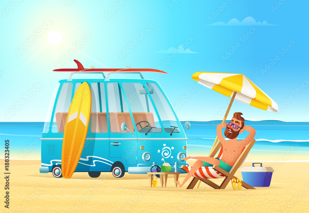 Beach summer vacation. Car surfing and relaxing man on the beach. Hot sea view. Male and the surfing bus on the bay