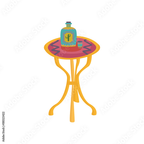 Colorful mexican table with tequila bottle cartoon vector Illustration