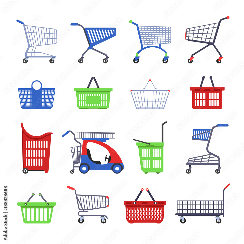 Shopping carts or shop supermarket trolley baskets vector different types  flat isolated icons set Stock-Vektorgrafik | Adobe Stock