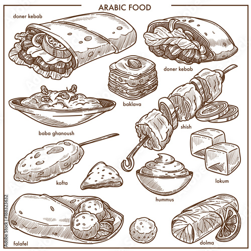 Arab cuisine traditional food dishes vector sketch menu icons