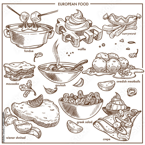 European cuisine food dishes for menu vector sketch icons templates