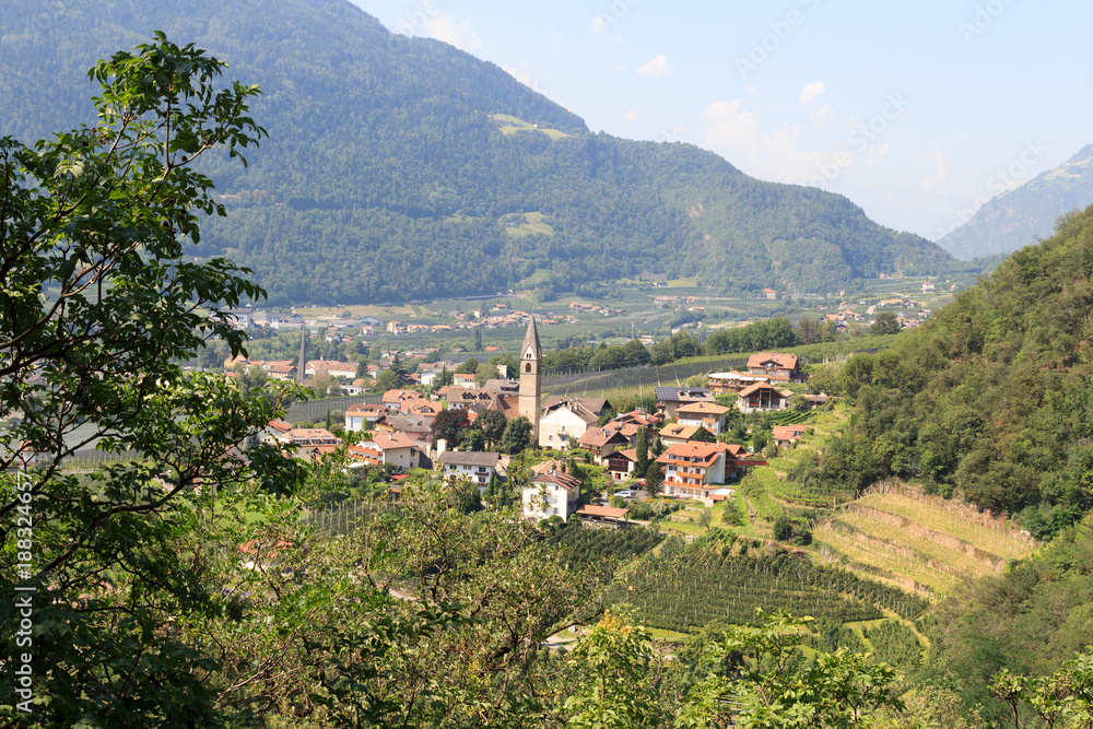 Townscape of Algund and mountain alps panorama in South Tyrol