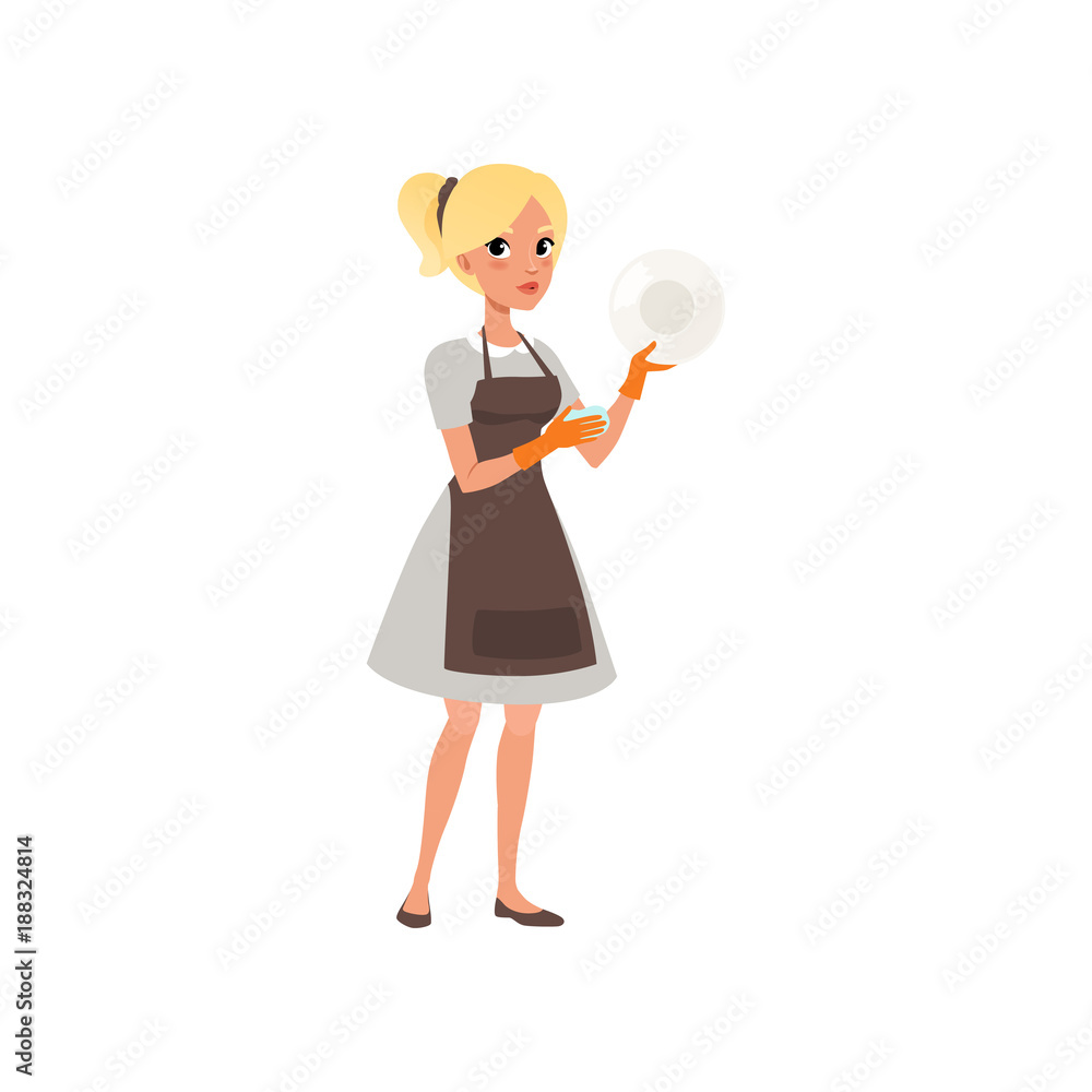Woman washing plate with sponge. Cartoon character of blond girl. Maid in uniform with rubber gloves and apron. Cleaning service. Professional at work. Flat vector Woman washing plate with sponge. Cartoon character of blond girl. Maid in uniform with rubber gloves and apron. Cleaning service. Professional at work. Flat vector