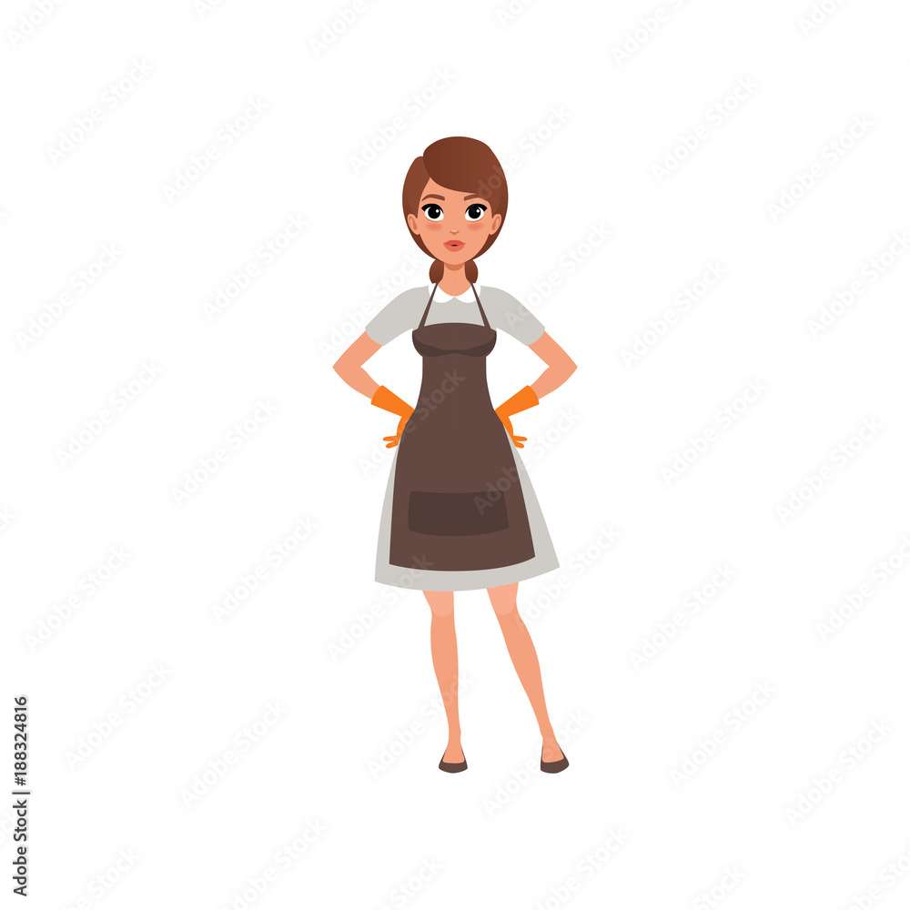Woman from cleaning maid service. Pretty brunette girl standing with arms akimbo. Cartoon female character in dress, apron and rubber gloves. Flat vector design Woman from cleaning maid service. Pretty brunette girl standing with arms akimbo. Cartoon female character in dress, apron and rubber gloves. Flat vector design