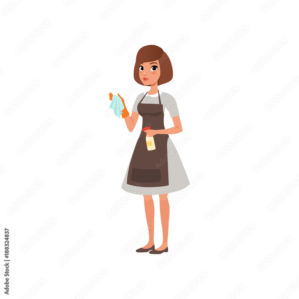 Cartoon woman character holding rag and spray bottle with cleaning liquid. Hotel maid service. Domestic worker. Girl in dress, apron and glove. Flat vector design Cartoon woman character holding rag and spray bottle with cleaning liquid. Hotel maid service. Domestic worker. Girl in dress, apron and glove. Flat vector design