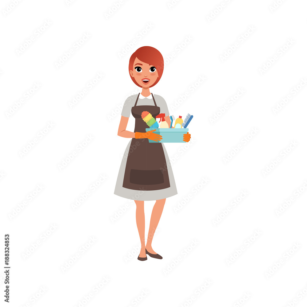 Young girl holding plastic box with cleaning liquids and brushes. Cartoon woman in dress, apron and rubber gloves. Hotel maid service. Flat vector design Young girl holding plastic box with cleaning liquids and brushes. Cartoon woman in dress, apron and rubber gloves. Hotel maid service. Flat vector design