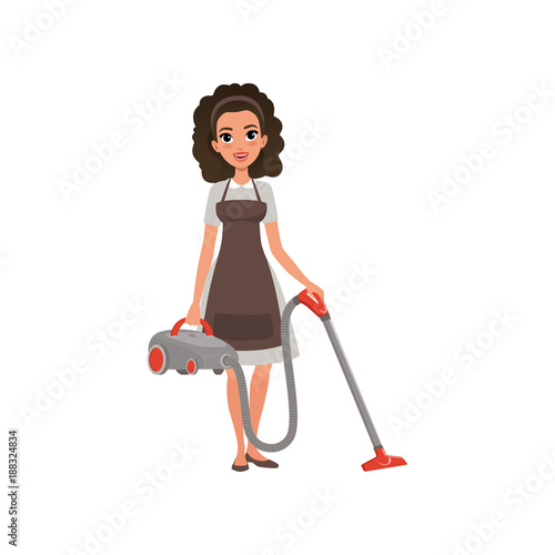 Cartoon character of hotel maid with vacuum cleaner. Young curly-haired girl in dress and apron. House cleaning service. Professional at work. Flat vector design