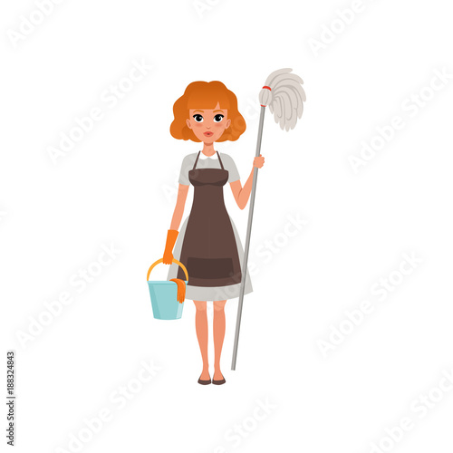 Cute red-haired woman standing and holding mop and bucket. Cleaning service. House maid dressed in dress, apron and protective glove. Flat vector design