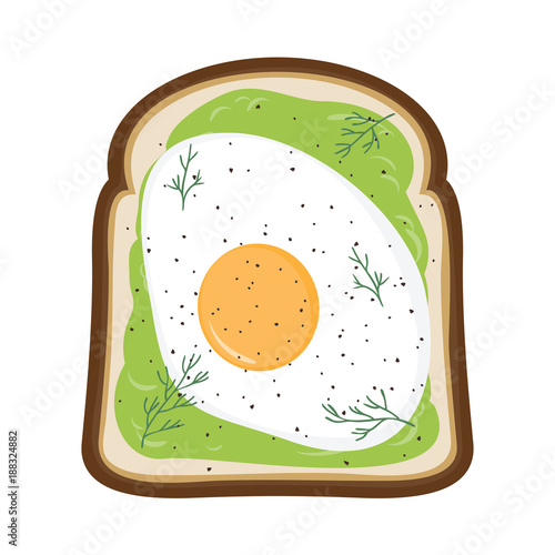 Avocado toast with fried egg and fresh dill. Vector illustration of popular breakfast and brunch sandwich.