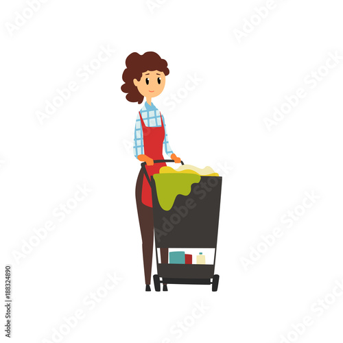 Woman worker standing near trolley with cleaning tools. Maid service concept. Hotel housekeeper. Young girl in uniform. Professional at work. Flat vector design