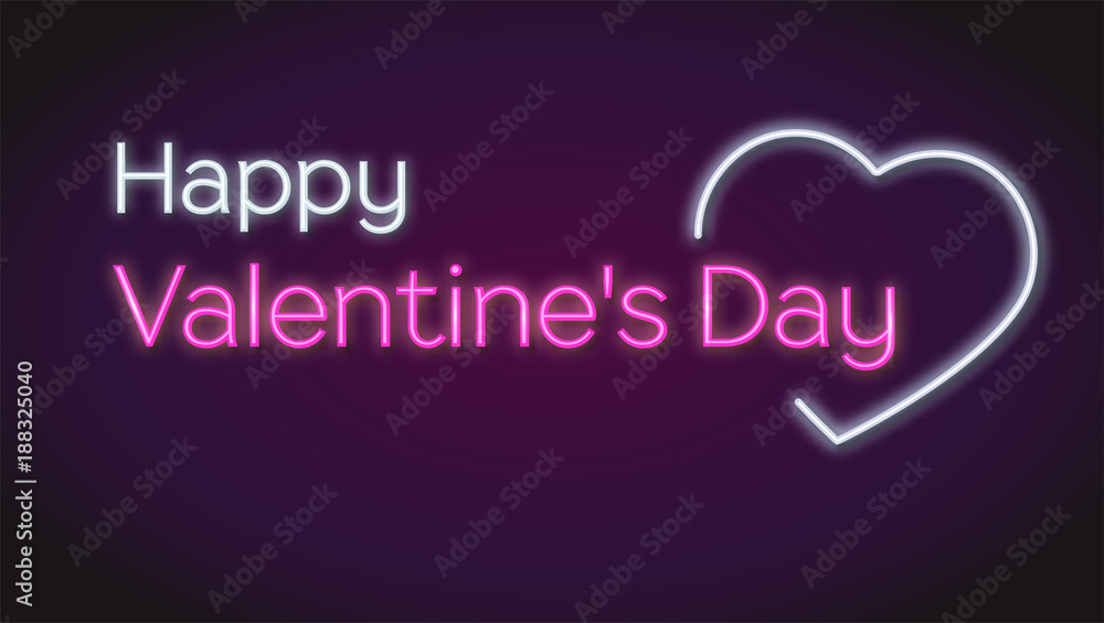 Happy Valentines s day, neon text on dark background. Concept of romantic greeting cards. Glowing and lit up neon heart shaped love sign with text Happy Valentines s day, neon text on dark background. Concept of romantic greeting cards. Glowing and lit up neon heart shaped love sign with text