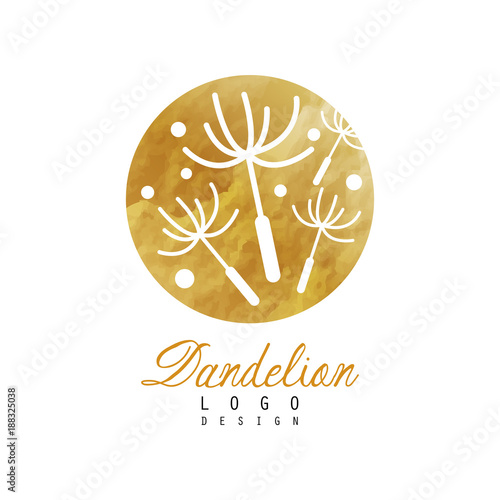 Fototapeta Naklejka Na Ścianę i Meble -  Creative logo design of dandelion with flying fluffy seeds. Organic product badge. Natural label with golden texture. Vector emblem for herbal shop or spa center
