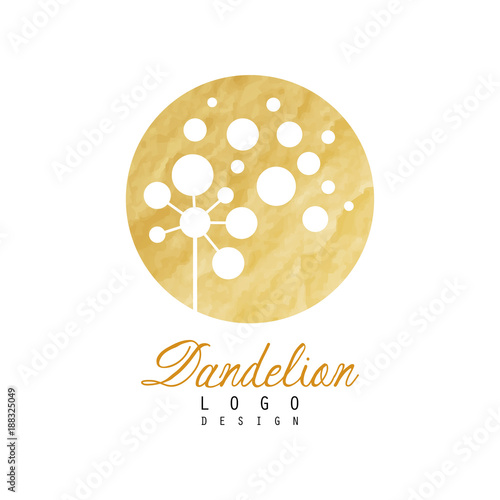 Fototapeta Naklejka Na Ścianę i Meble -  Beautiful abstract dandelion logo. Gentle golden texture. Organic product badge. Original vector design for advertising flyer of beauty salon or spa center
