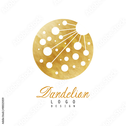 Fototapeta Naklejka Na Ścianę i Meble -  Original logo design of dandelion flower. Symbol of medical herb plant . Golden textured circular icon. Luxury vector emblem for organic product or cosmetics