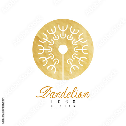 Abstract fluffy dandelion in golden textured circle. Original flower icon. Botanical label for natural cosmetics. Decorative vector element for promo flyer or poster