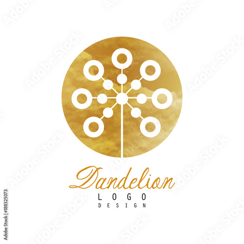 Fototapeta Naklejka Na Ścianę i Meble -  Minimalistic icon with abstract dandelion on golden textured circle. Natural product badge. Vector logo design for flower shop, spa center, fashion boutique