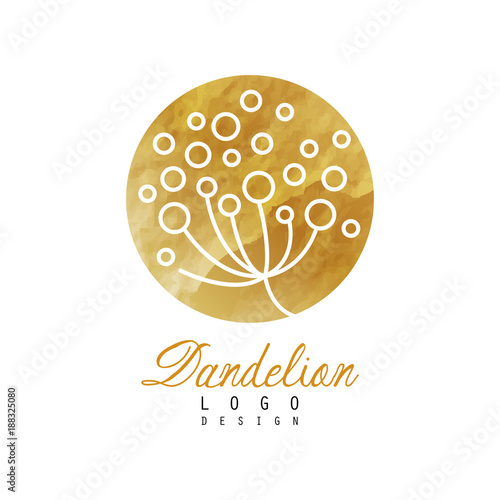 Fototapeta Naklejka Na Ścianę i Meble -  Original dandelion logo in circular shape. Luxury golden icon. Abstract plant. Vector design for natural product label, herbal shop or spa center