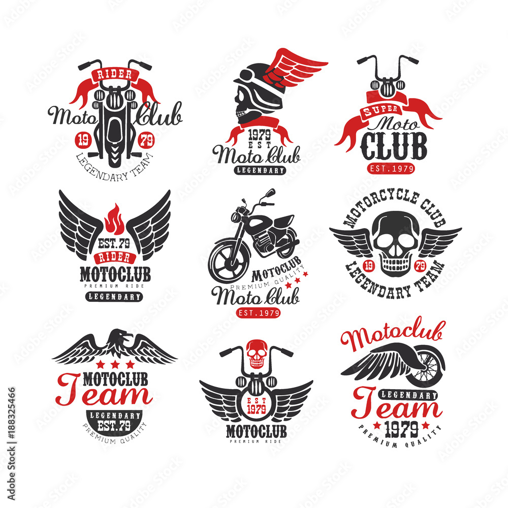 Set of vintage motorcycle club logos, emblems, labels, badges. Monochrome elements with motorbike, skull, eagle and wheel with wing. Vector for t-shirt print or poster