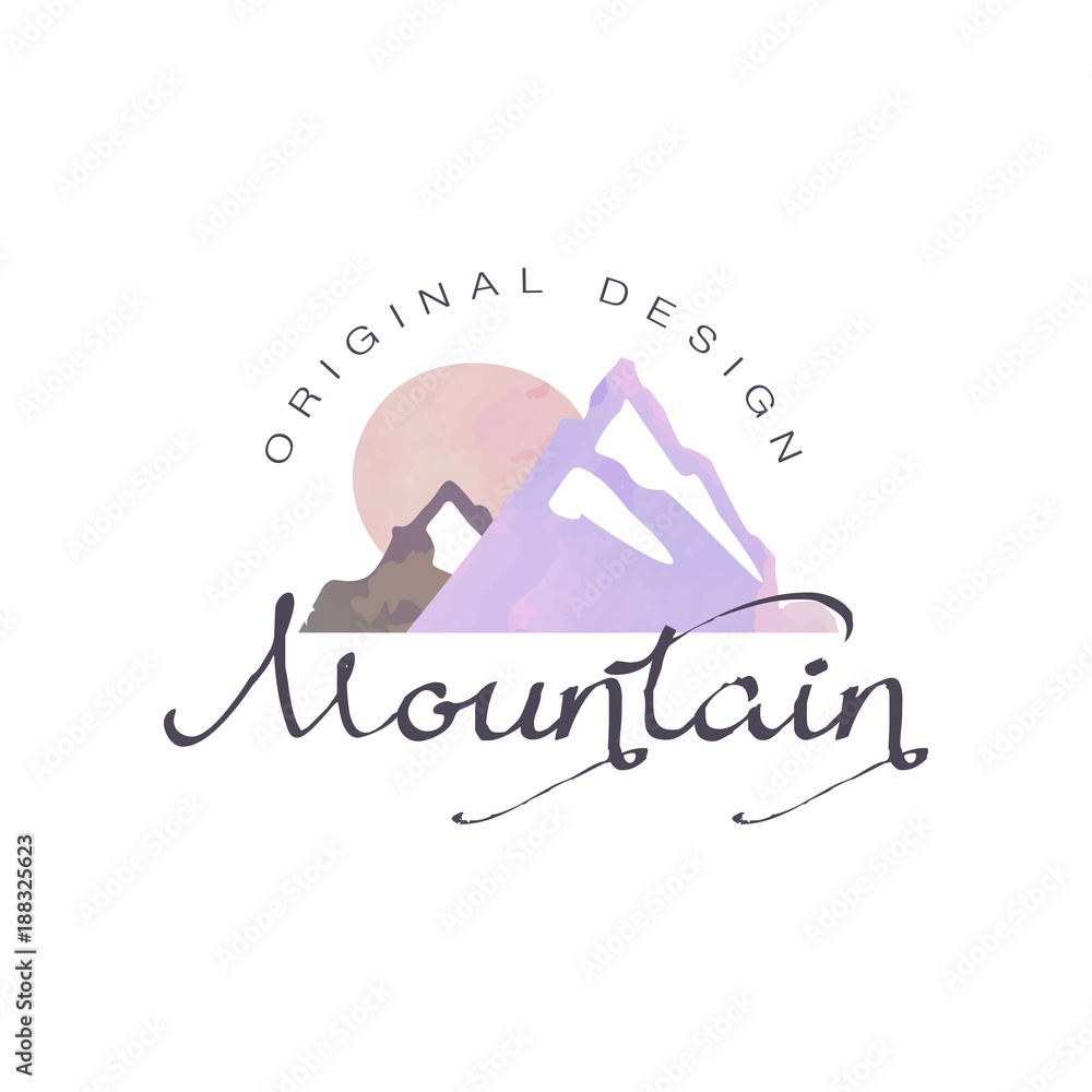 Obraz Mountain logo, tourism, hiking and outdoor adventures emblem, retro wilderness badge vector Illustration