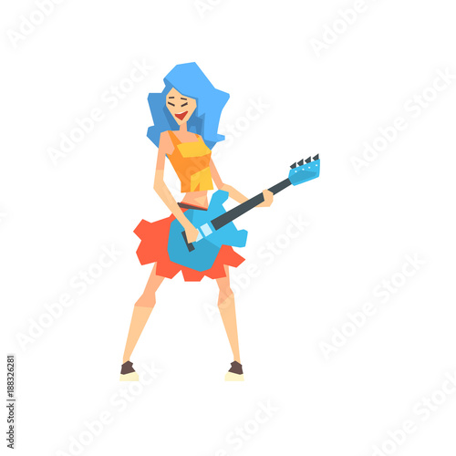 Young woman with blue hair playing guitar cartoon vector Illustration