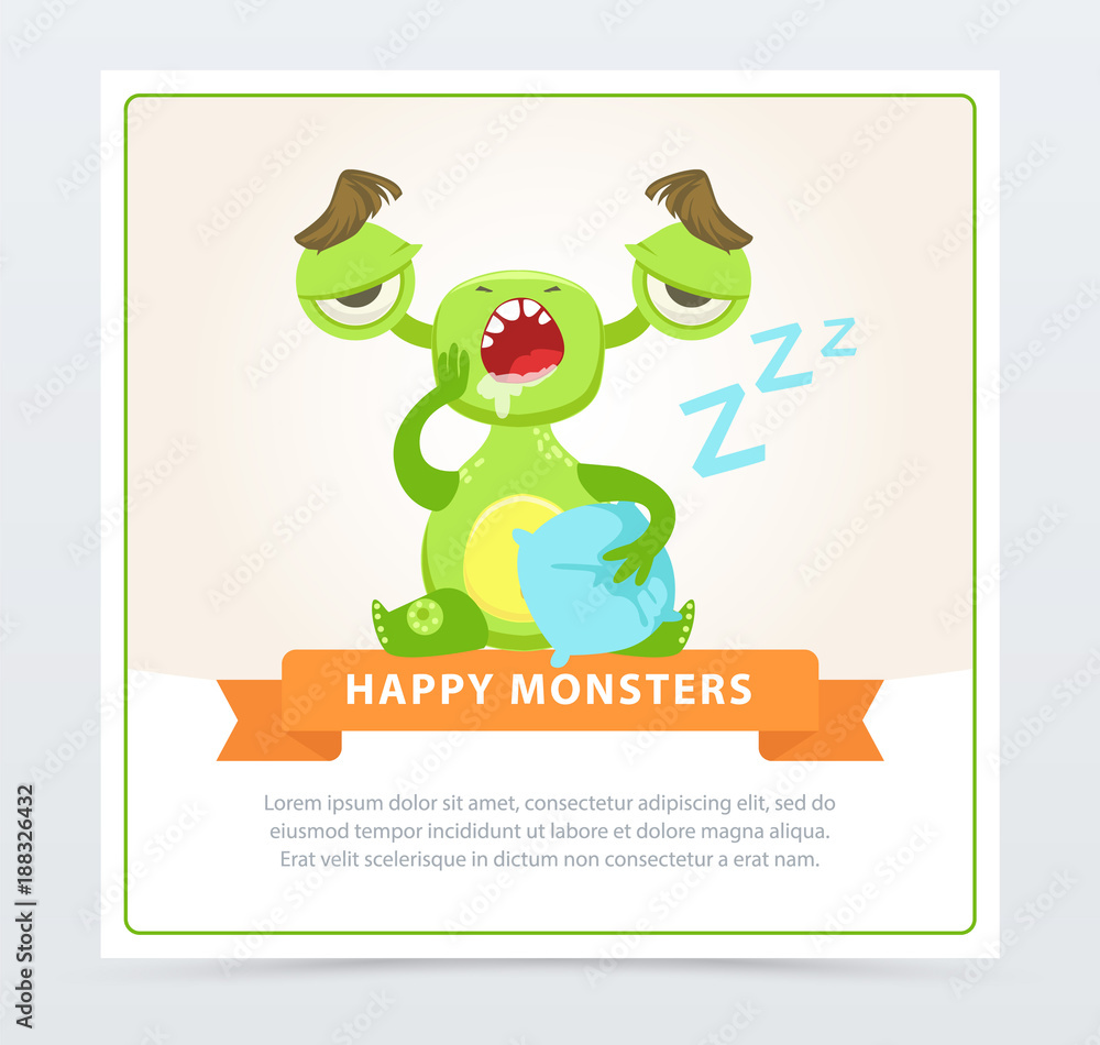 Cute funny green monster yawning, happy monsters banner cartoon vector element for website or mobile app Cute funny green monster yawning, happy monsters banner cartoon vector element for website or mobile app