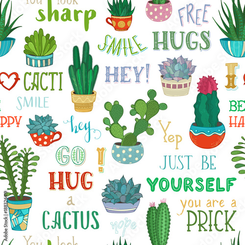 Vector seamless pattern of cacti and hand-written lettering.