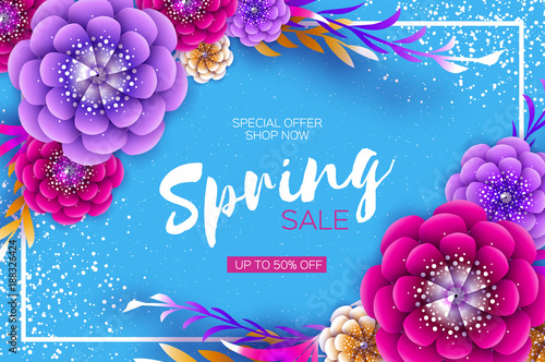 Bright Origami Spring Sale Flowers Banner. Paper cut Exotic Tropical Floral Greetings card. Spring blossom. Rectangle frame. Happy Women's Day. 8 March. Text. Seasonal holiday on blue. Trendy decor