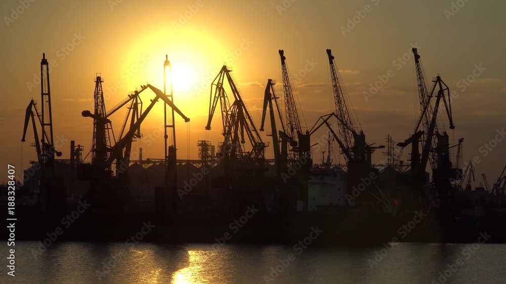 The outlines of the cranes in the harbor against the setting sun.