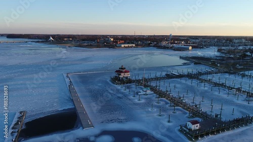 Aerial View of the Frozen Choptank River Lighthouse and Marina Cambridge Maryland photo