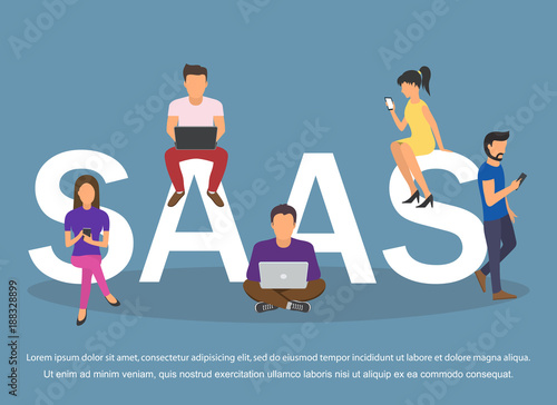 Concept of SaaS, software as a service. Men and women work in the cloud software on computers