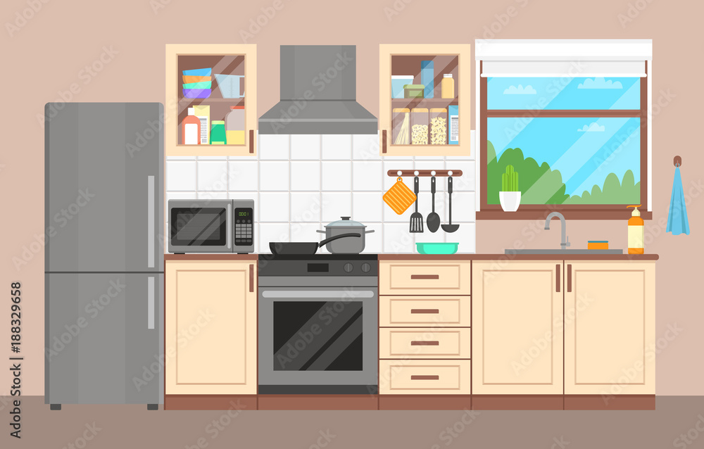 The kitchen interior. Furniture, appliances, dishes and cookware. Flat design. Vector illustration. The kitchen interior. Furniture, appliances, dishes and cookware. Flat design. Vector illustration.