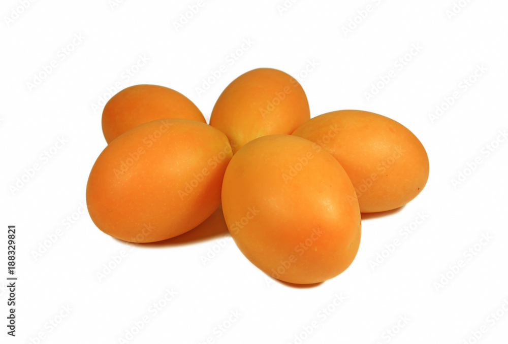 Many Bright Orange Yellow Fresh Ripe Marian Plum Fruits Isolated on White Background Many Bright Orange Yellow Fresh Ripe Marian Plum Fruits Isolated on White Background