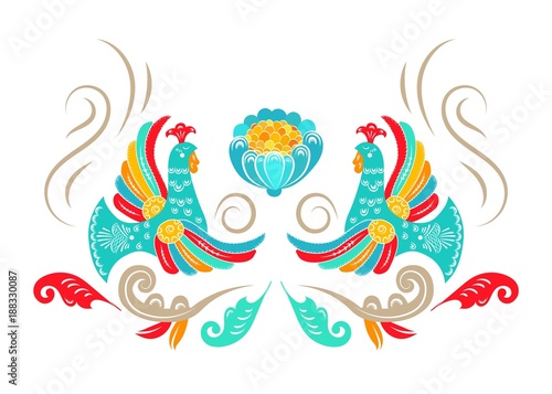 National folk ornament. Russian Boretskaya painting. Decorative elements birds, plants and flower ornament background. Background painting. North-Dvina painting. Postcard.