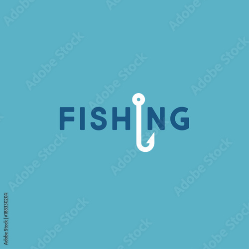 Fishing logo. Flute logo. Letters and a fishing hook on a blue background.