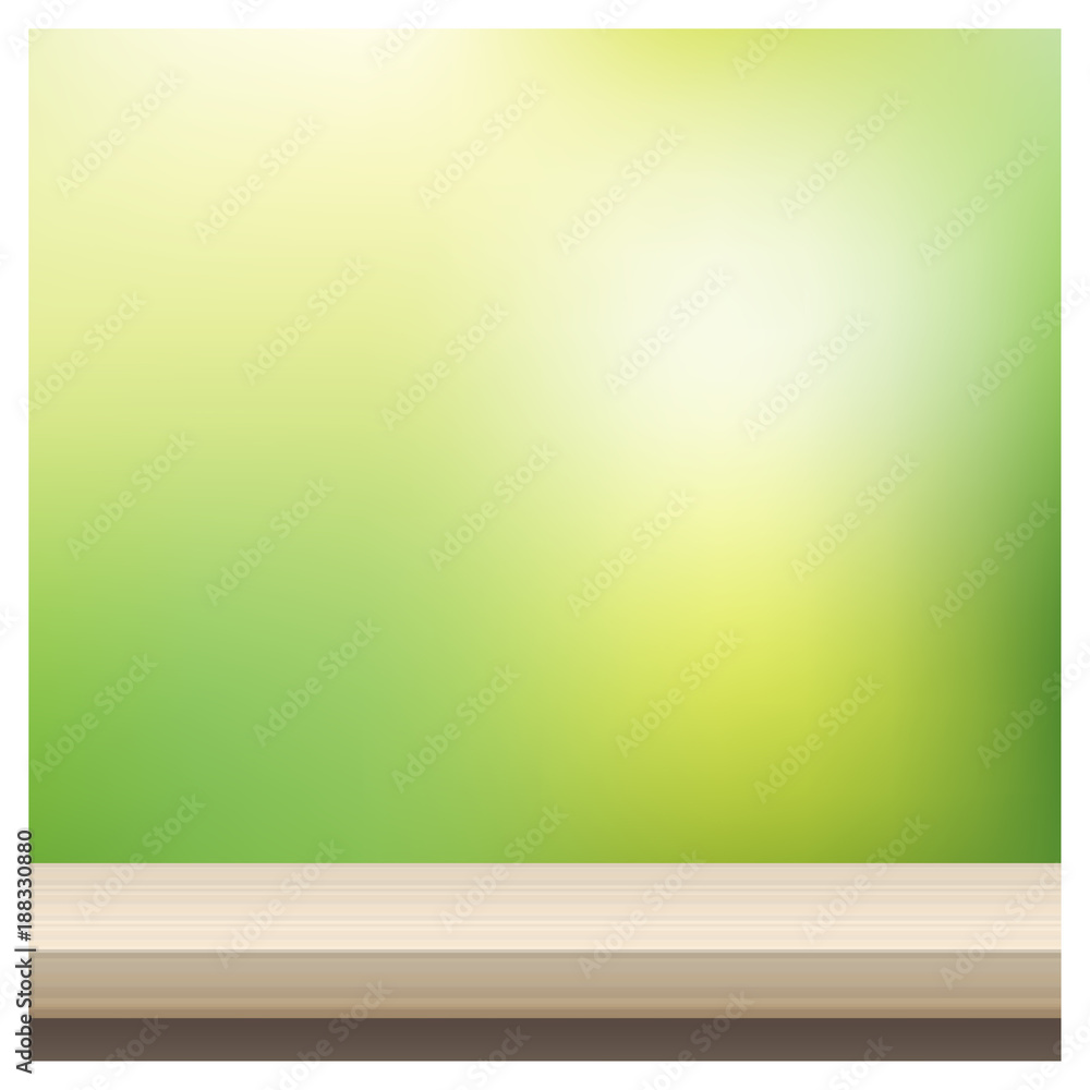 Empty wooden table top on blurred Spring garden background , vector , illustration Empty wooden table top on blurred Spring garden background , vector , illustration