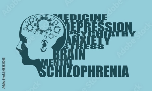Abstract illustration of a human head. Woman face silhouette. Medical theme creative concept. Schizophrenia disease tags cloud. Damaged gears in brain as symbol of mental disease