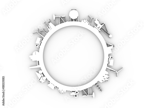 Circle with industry relative silhouettes. Objects located around the circle. Industrial design background. 3D rendering