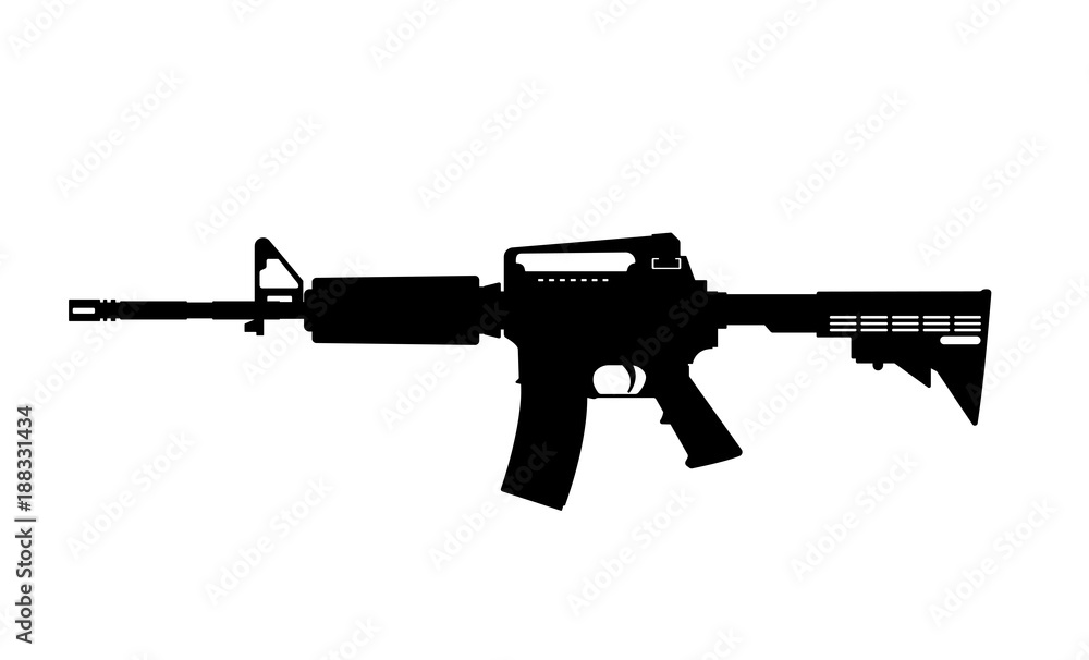 Black silhouette of machine gun on white background. Weapons of police and army