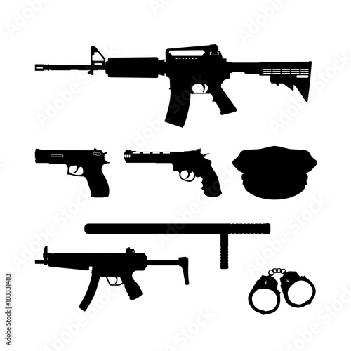 Black silhouette of police gun and equipment on white background. Weapons: rifle and pistol. Vector illustration