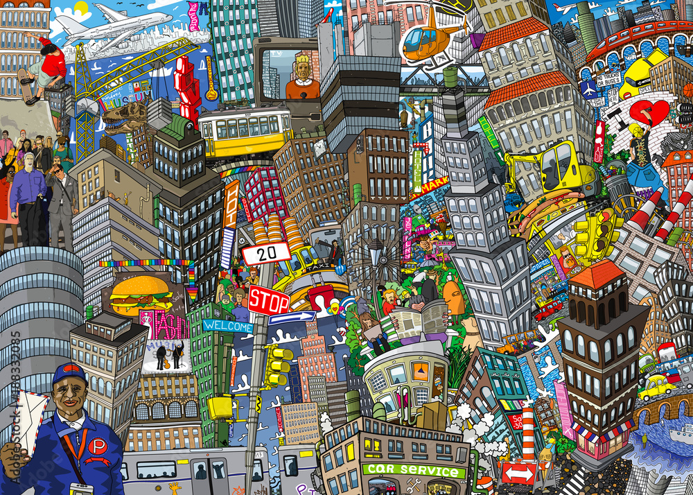 City, an illustration of a large collage, with houses, cars and people