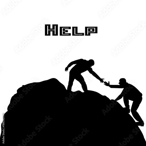 Silhouette of two people metaphor (help, support, friendship), on a mountain, hand in hand, on a white background,